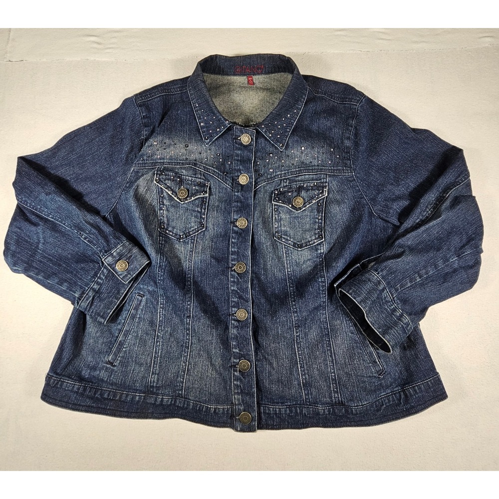 Gitano Womens Plus Size 26W Denim Jacket‎ Dark Wash Rhinestone Embellished Blue